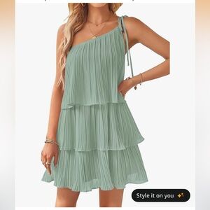 One-Shoulder Pleated Tiered Mini Dress in Sage Green